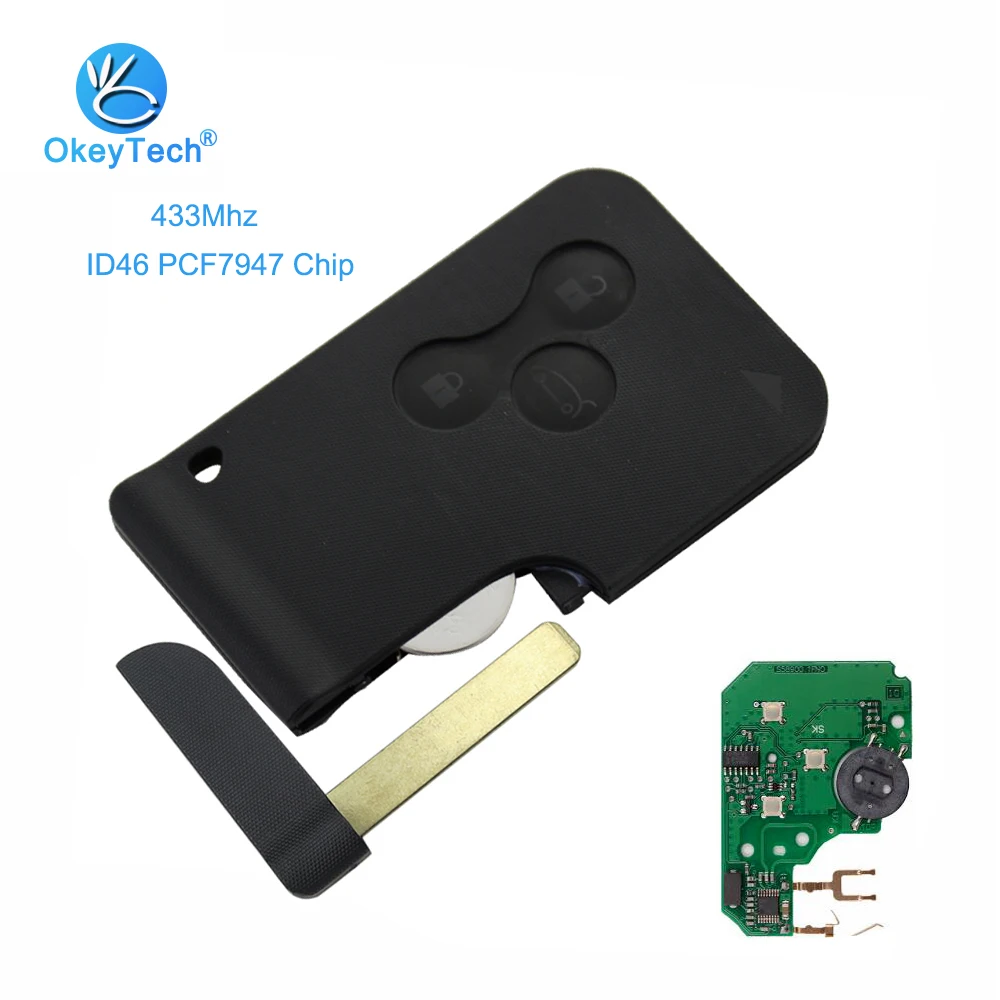 

OkeyTech 3 Button 433mhz ID46 PCF7947 Chip Insert Blade Remote Control Key for Renault Megane Scenic 2003-2008 Smart Key Card