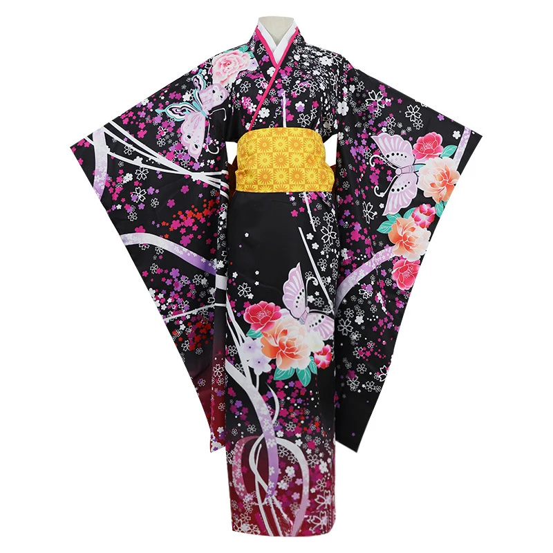 

Classic Flower Geisha Kimono Gowns With Obi Vintage Japanese Style Anime Cosplay Costumes Halloween Nightclub Dancing Dress 3XL