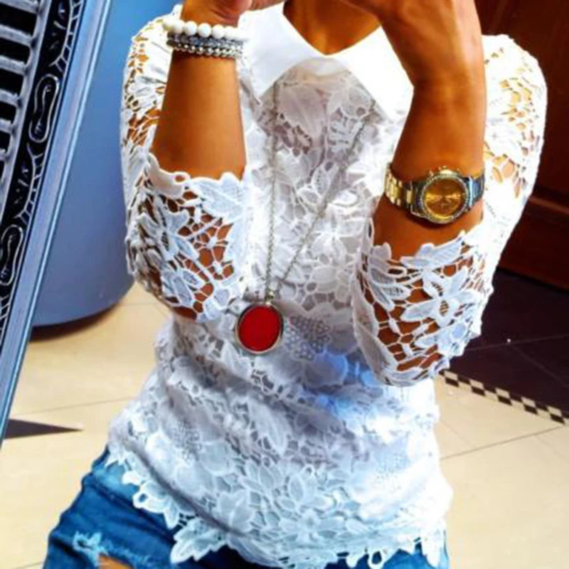 

Apparel 2017 Summer Women Shirts Blouse Casual Sexy Sheer Lace Hollow Out Female Shirts Streetwear Chic Lady Blouse