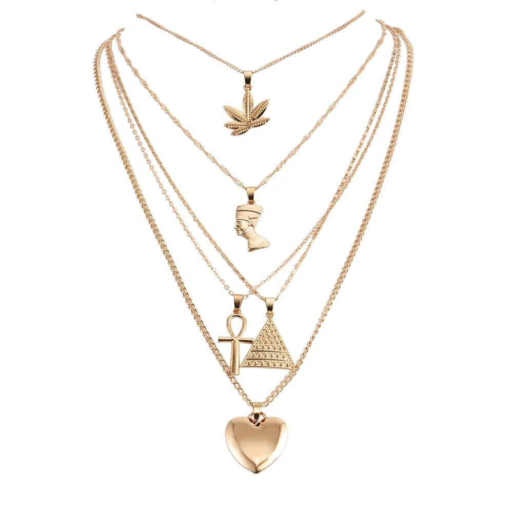 Панк женское ожерелье листья крест сердце портрет подвеска треугольная Многослойные Золото цепочки и ожерелья богемный леди костюмы интимные аксессуары