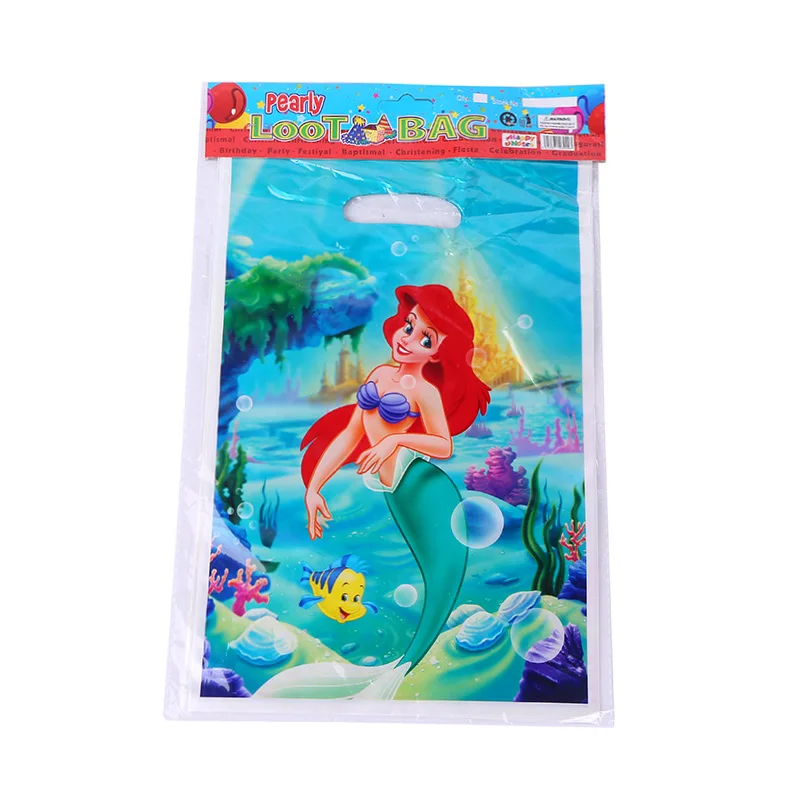

10pcs 16.5*25cm Ariel Mermaid Plastic Gift Bags Cartoon Theme Loot Bag For Kids Boy Girl Birthday Party Decoration