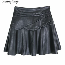 Осенние женские юбки, Сексуальная плиссированная юбка, высокая талия, красный, черный, трапециевидная юбка из искусственной кожи, винтажная короткая мини-юбка-Скейтер
