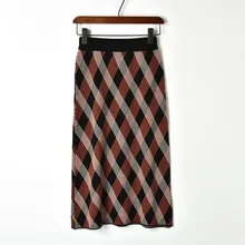 Осенне-зимняя трикотажная юбка контрастного цвета с геометрическими стразами, тонкая шерстяная клетчатая юбка Harajuku, винтажная облегающая юбка миди