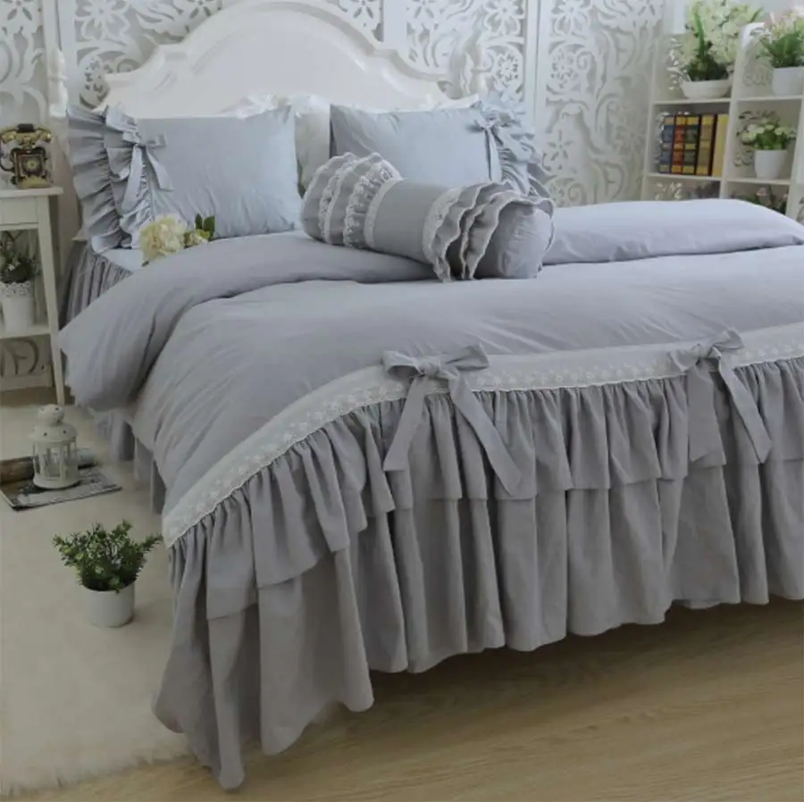 Princess ruffles pure grey bedding set,cotton twin full queen king,single double home textile