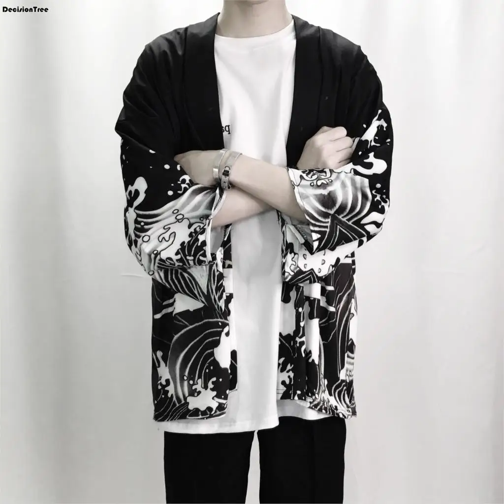 2019 summer mens kimono japanese clothes streetwear casual kimonos jackets Waves and Wind Dragn harajuku style cardigan outwear