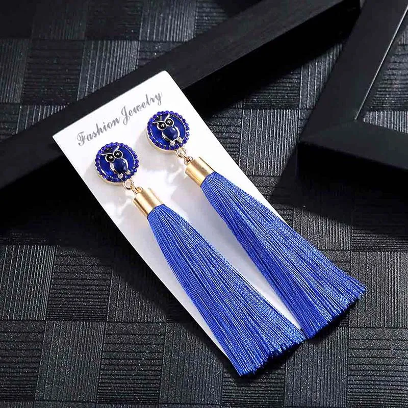 E5853 Trendy Drop Earrings OwlAnimalWomenLongBohemianBlueSilkBalckDangleMetalBohoGold Tassel Earrings 2018 Jewelry
