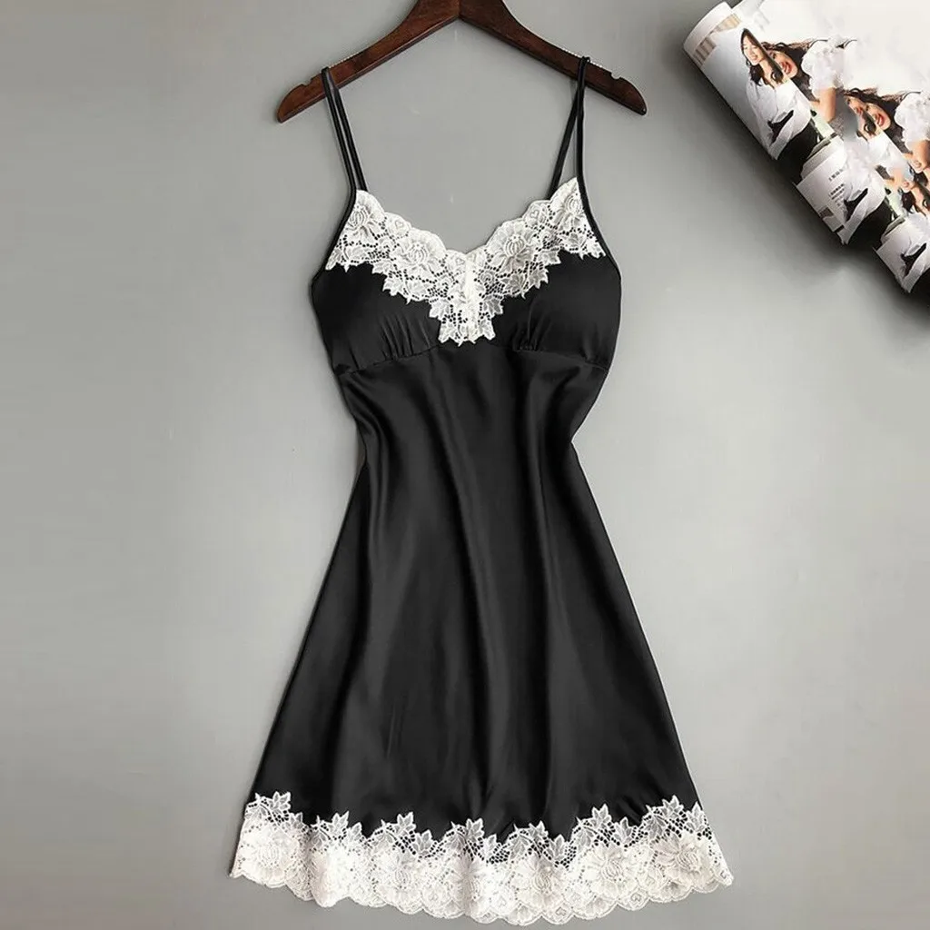 Женское сексуальное шелковое атласное Ночное платье без рукавов, ночная рубашка с v-образным вырезом, ночная рубашка большого размера, кружевное ночное белье для женщин