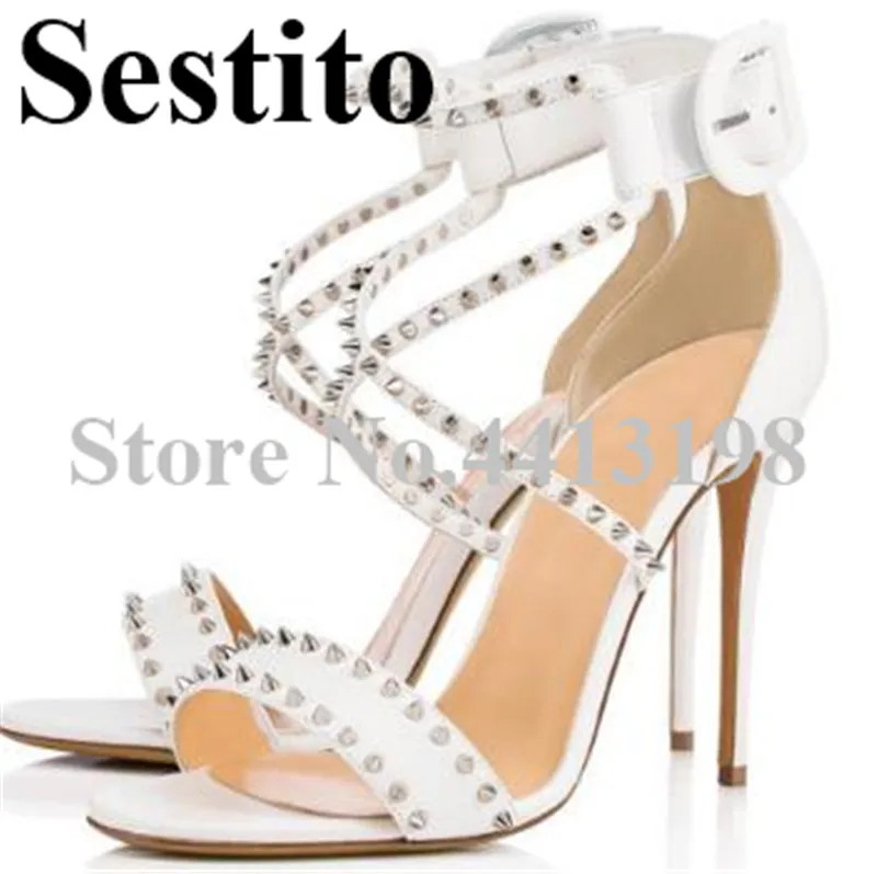

Sweet Cross-tied Solid Peep Toe Stiletto Heel Wedding Sandals Super High Thin Heels Rivet Buckle Strap Cover Heel Women Shoes