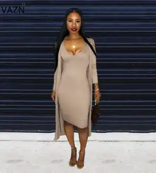 VAZN осень элегантный 2018 New Age сокращения популярный Для женщин комплект из 2 частей сплошной длинный рукав платье миди леди Bodycon комплект JH060