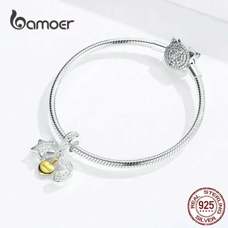 Bamoer, Луна и подвеска-звезда для женщин, 925 пробы, серебро, золото, подвески в виде сердца для браслета или ожерелья BSC098