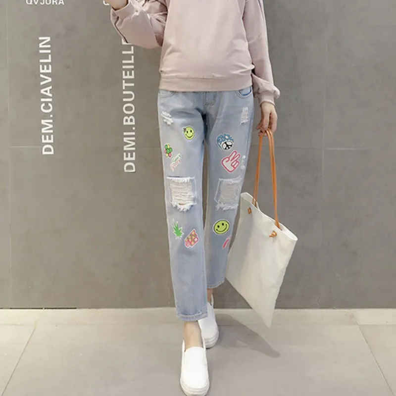 Kobeinc Spring High-stretch Pregnant Women Jeans Summer Fashion Printing Hole Maternity Pants Clothes For | Мать и ребенок