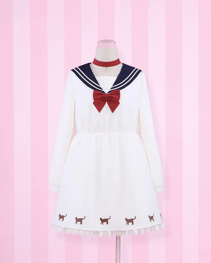 

Super Cute Girls Sailor Moon Luna Cat Design Sailor Collar Dress Navy Preppy Style Long Sleeves Harajuku Lolita Dress