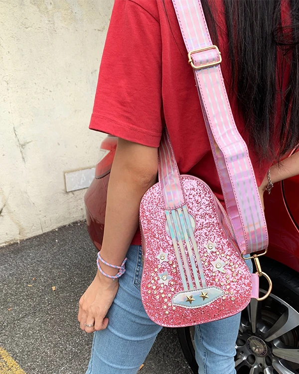 Модная гитара Стиль розово-серебристые, лазерные со стразами из искусственной кожи для молодой девушки, сумка на плечо, сумка через плечо, Повседневная нагрудная Сумка-тоут сумка с клапаном