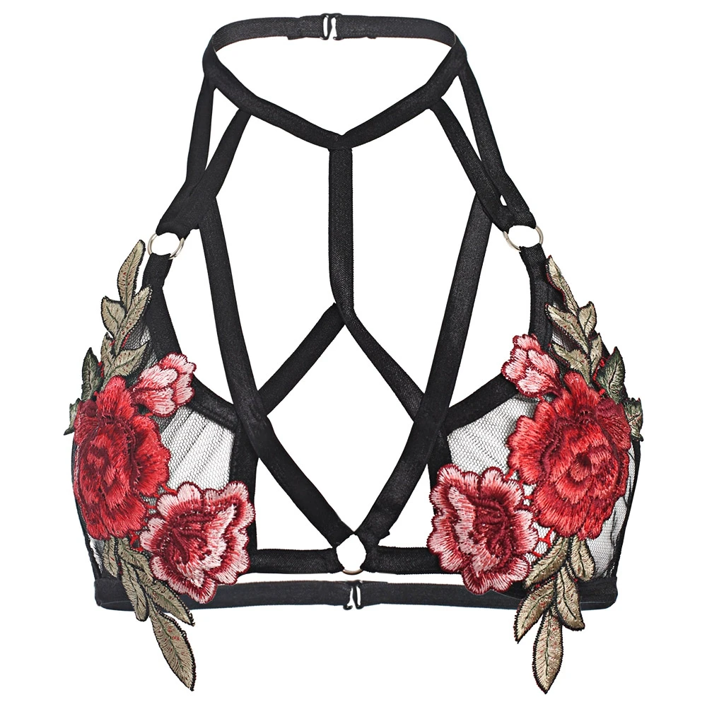 Push Up Bralette Rose Floral Embroidery Sexy Black Lace Strappy Bras
