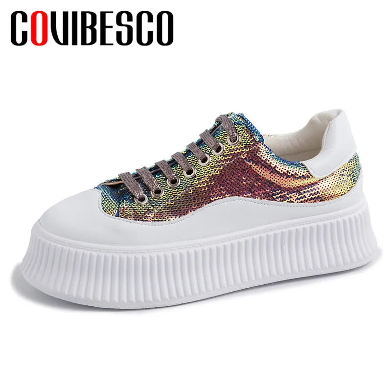 

COVIBESCO 2019 Spring Summer New Fashion Blingbling Genuine Leather Women Flats Platforms Casual Shoes Woman Lace Up Sneakers