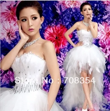 Хит продаж ~ перо Hi-Lo свадебное платье ~ ~ спереди короткий и задний со шлейфом стиль невесты перо свадебное платье 633