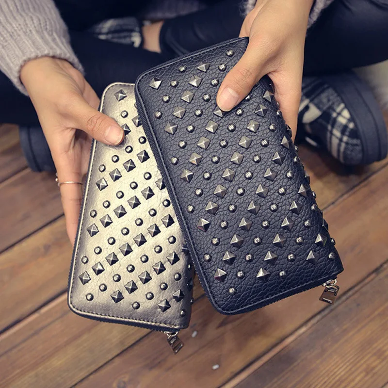  New fashion women wallet long pu leather purse clutch vintage punk cool rivets black/silver men wallet free ship 