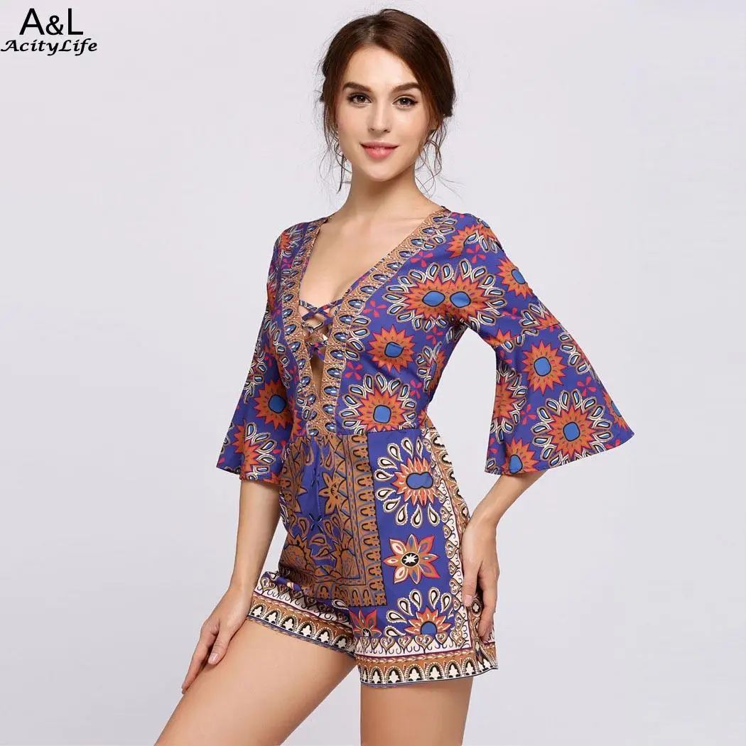 Фитнес расклешенные рукава с v образным вырезом Lace Up Romper|Комбинезоны c шортами| |