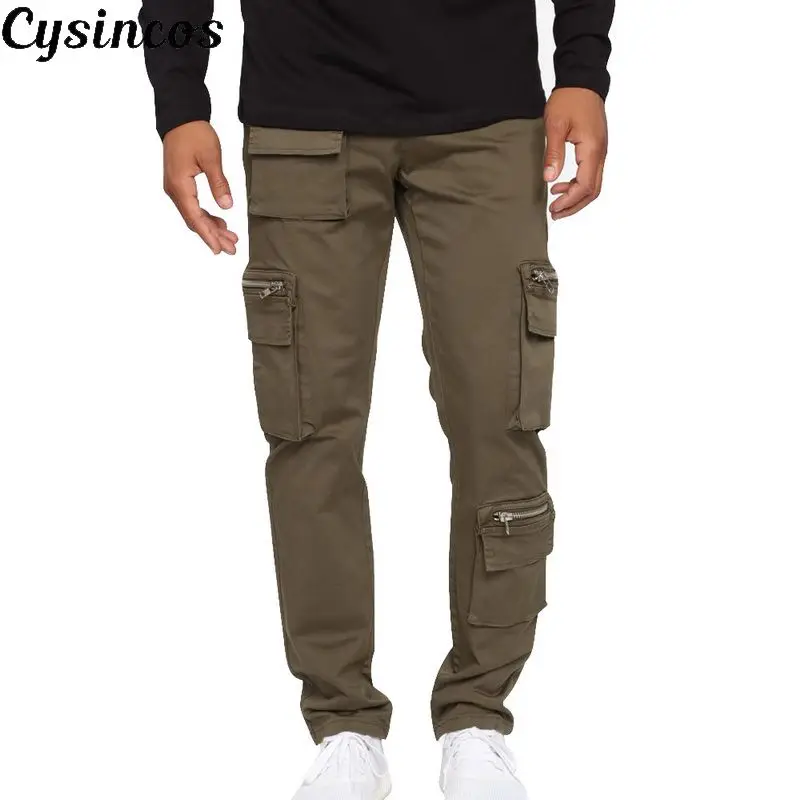 

CYSINCOS 2019 Fleece Warm Autumn Pants Male Casual Loose Multi-pocket Men's Overalls Military Army Green Khaki SweatPants