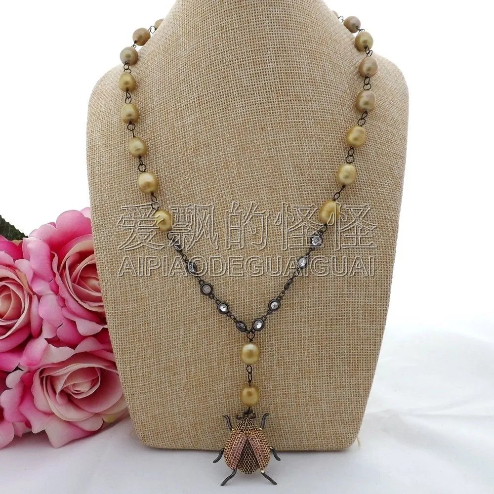 

N091308 22'' Champagne Rice Pearl Chain Beetle Cz Pave Pendant Necklace