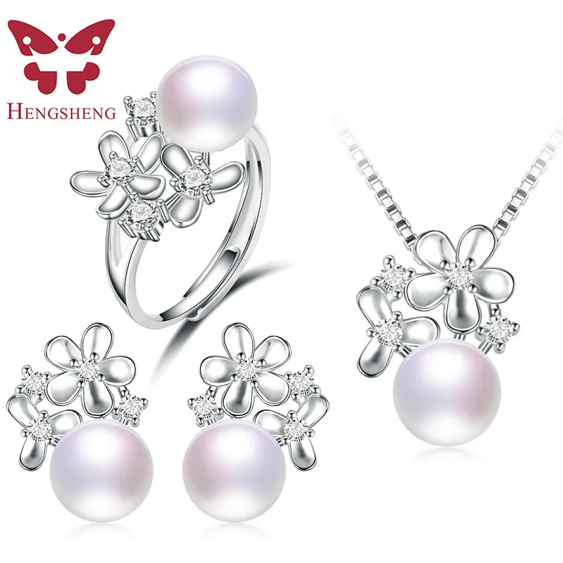 High Quality 925 Sterling Silver Jewelry Sets For Women 100% Natural Freshwater Pearl Necklace And Earrings And Ring T09385011 a suit of stunning faux pearl rhinestoned necklace and earrings for women