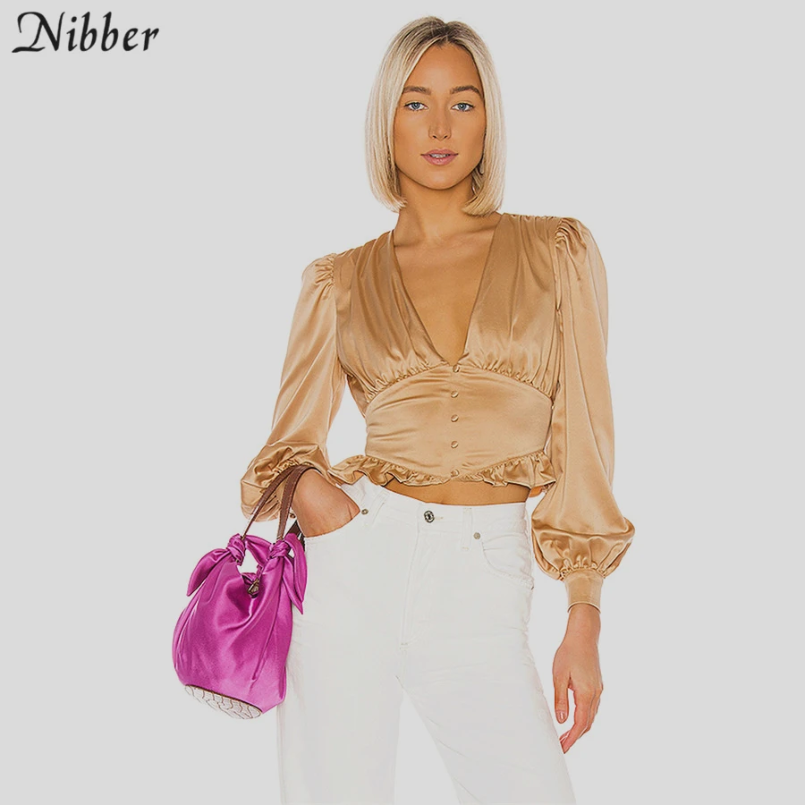 

Nibber autumn office ladies Chiffon crop tops womens Elegant full sleeve T-shirt 2019hot sale Solid casual Slim tee shirts mujer