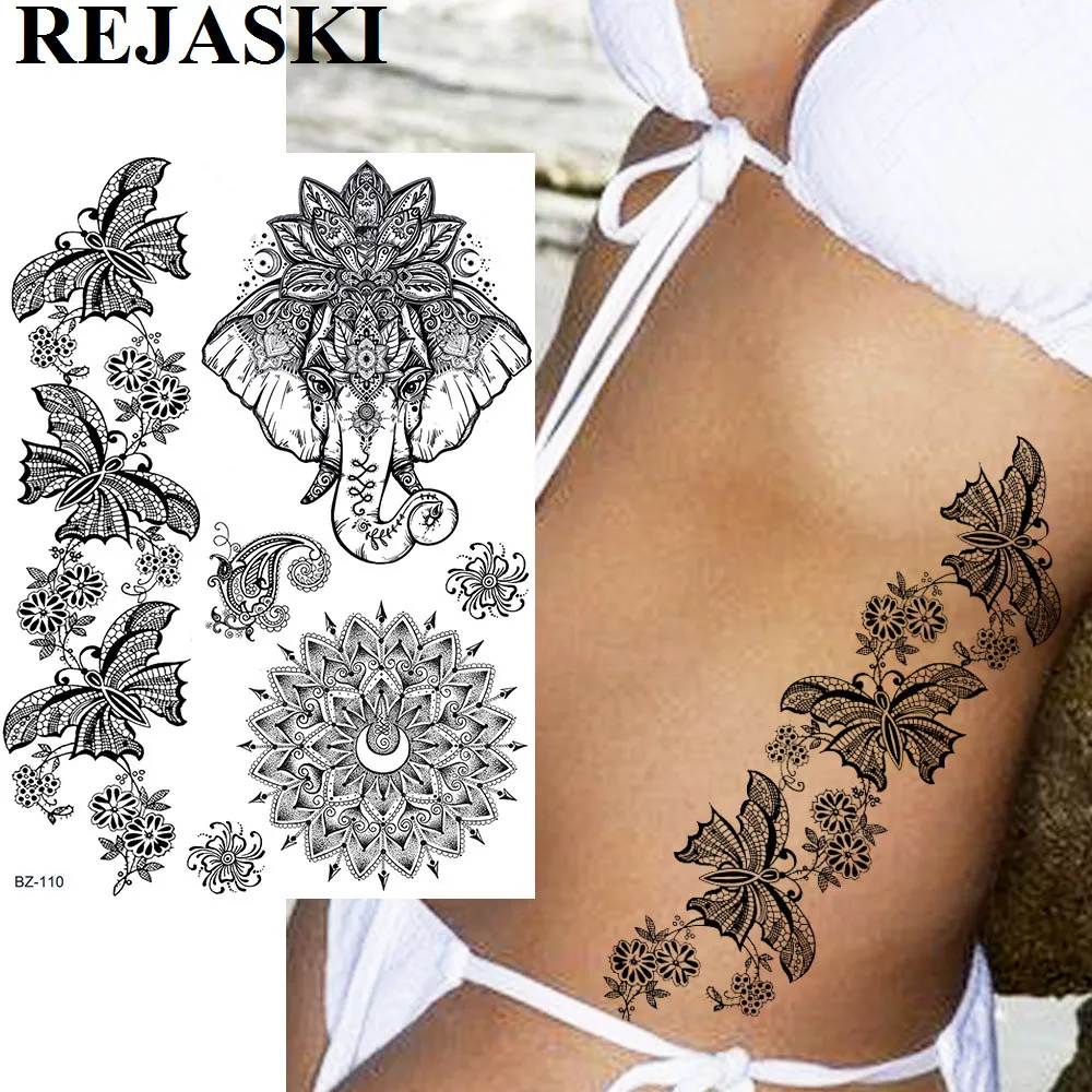 

REJASKI Ganesha Elephant Mandala Flower Temporary Tattoos Sticker Black Henna Waterproof Tatoos Art Custom Tattoo For Women