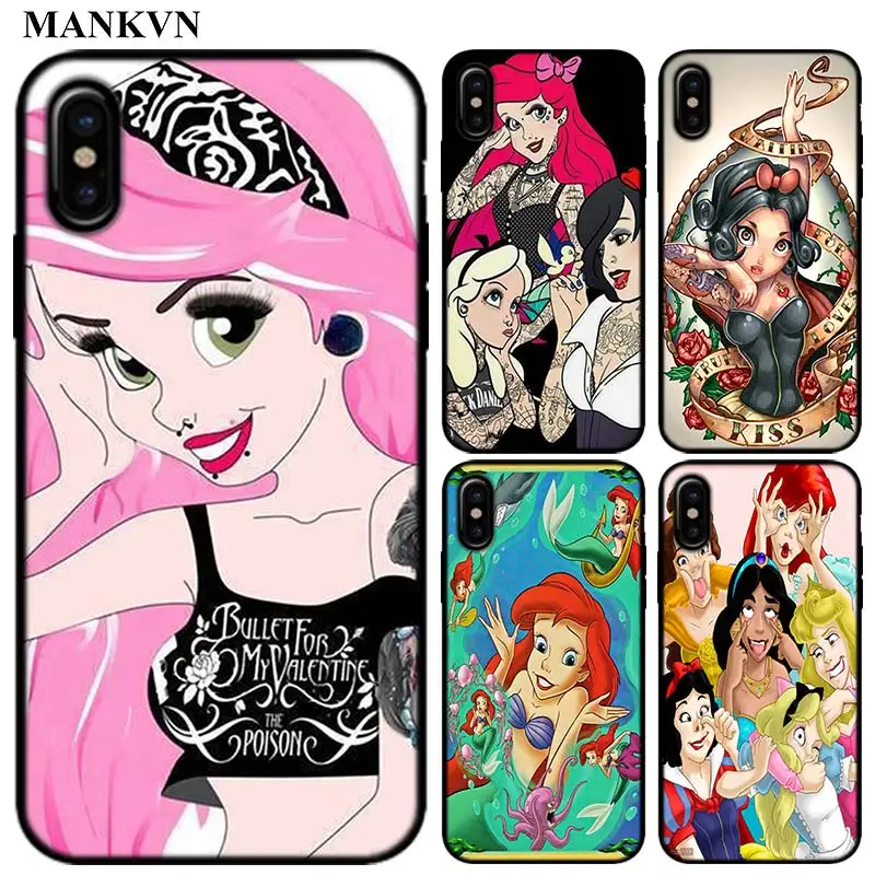 

Tattoo Ariel Alice Snow White Princess Soft TPU Silicone Black Cases for Apple iPhone 6 6S 7 8 Plus X XR XS MAX 5S SE Coque