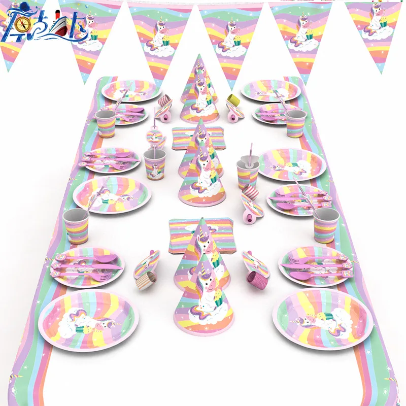 

66pcs Unicorn theme paper plate cup napkin tablecloth knive cap for Kids birthday Party Supplies 6person use