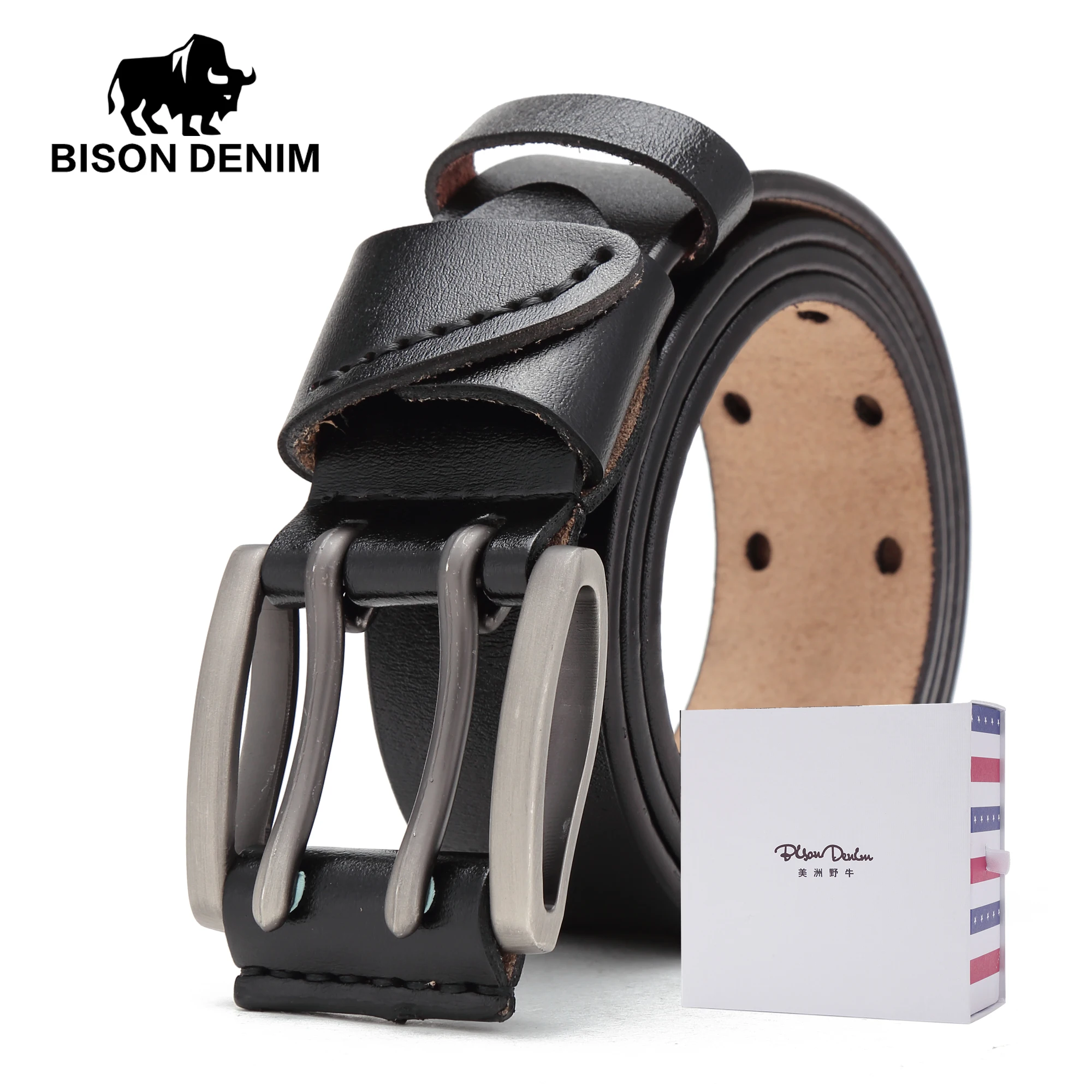 BISON DENIM New Men Belt Genuine Leather Male Belts Vintage Buckle Leather Belt Waistband For Men Christmas New Year Gift N71247