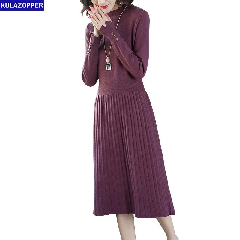 

KULAZOPPER Knit Dress Woman 2019 Spring New Semi-high collar Long Sweater dress Loose pleated Long sleeve dresses Female ky397
