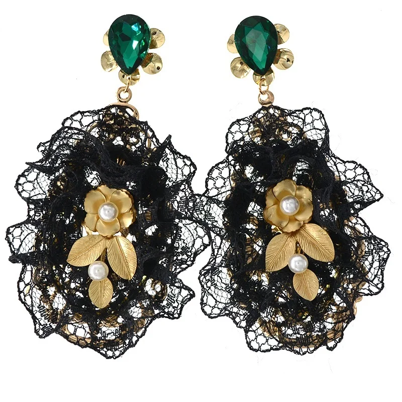 Fashion Elaborate Exaggerated Rose Settled On Rhinestone With Black Lace Statement Baroque Earring For Woman Gifts | Украшения и