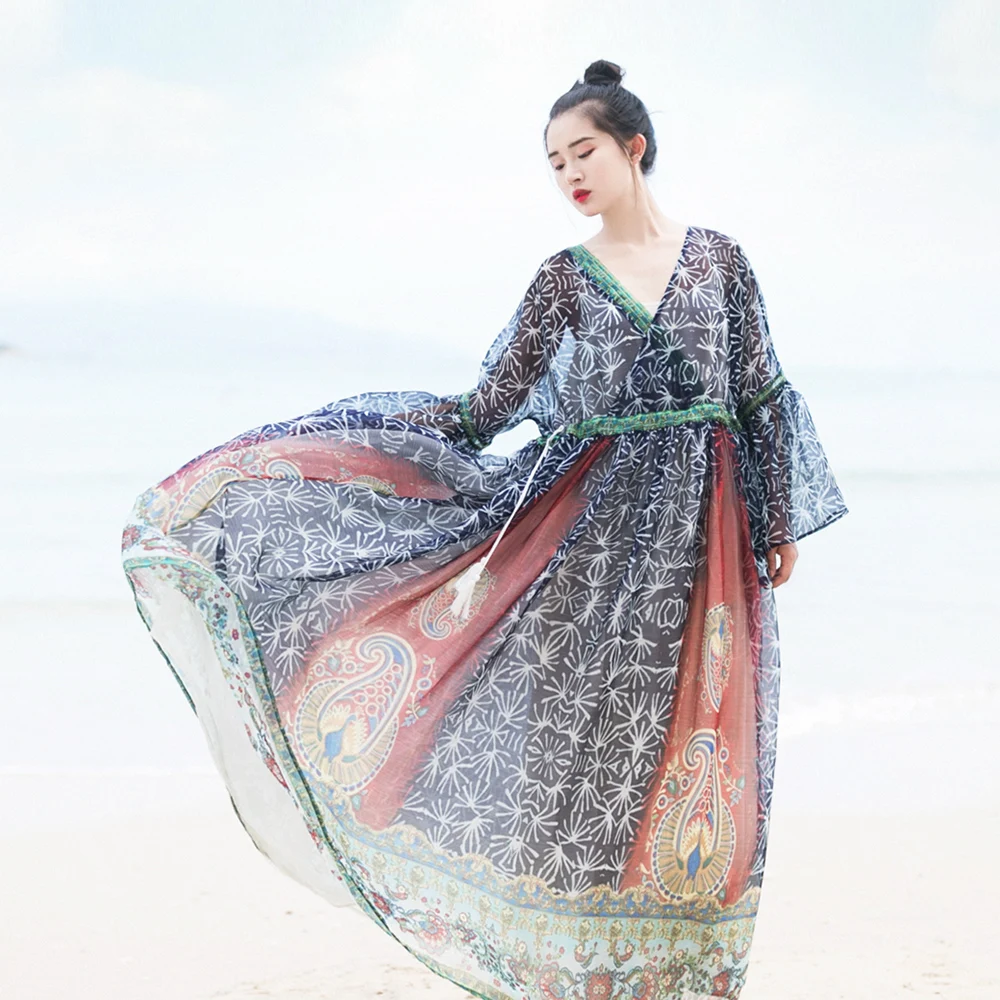 

IRINAW601 original design new arrival summer 2018 see through vintage printed chiffon long dress women