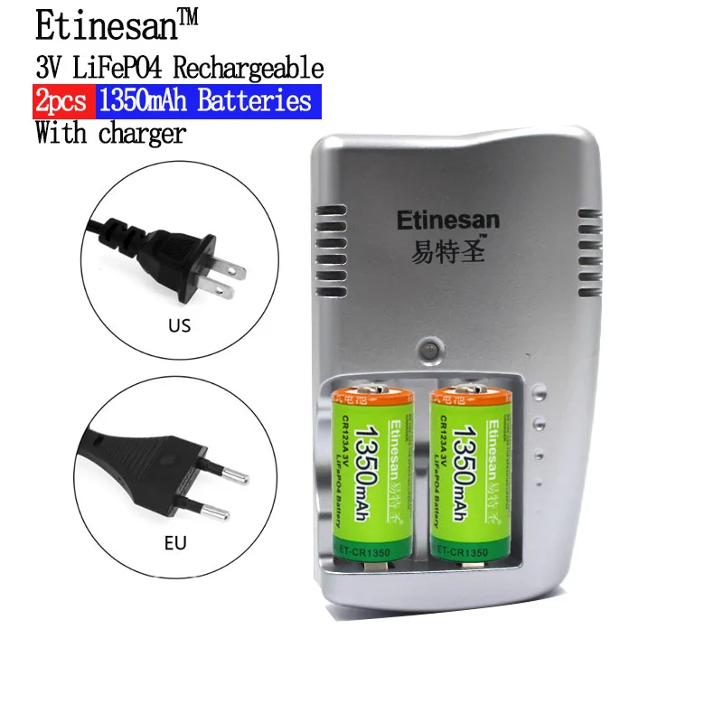 Etinesan 1350mAh CR123A LiFePo4 Rechargeable Battery + 2 Slots Intelligent Smart Charger for 3V CR 123A Battery Etinesan 1350mAh CR123A LiFePo4 Rechargeable Battery + 2 Slots Intelligent Smart Charger for 3V CR 123A Battery