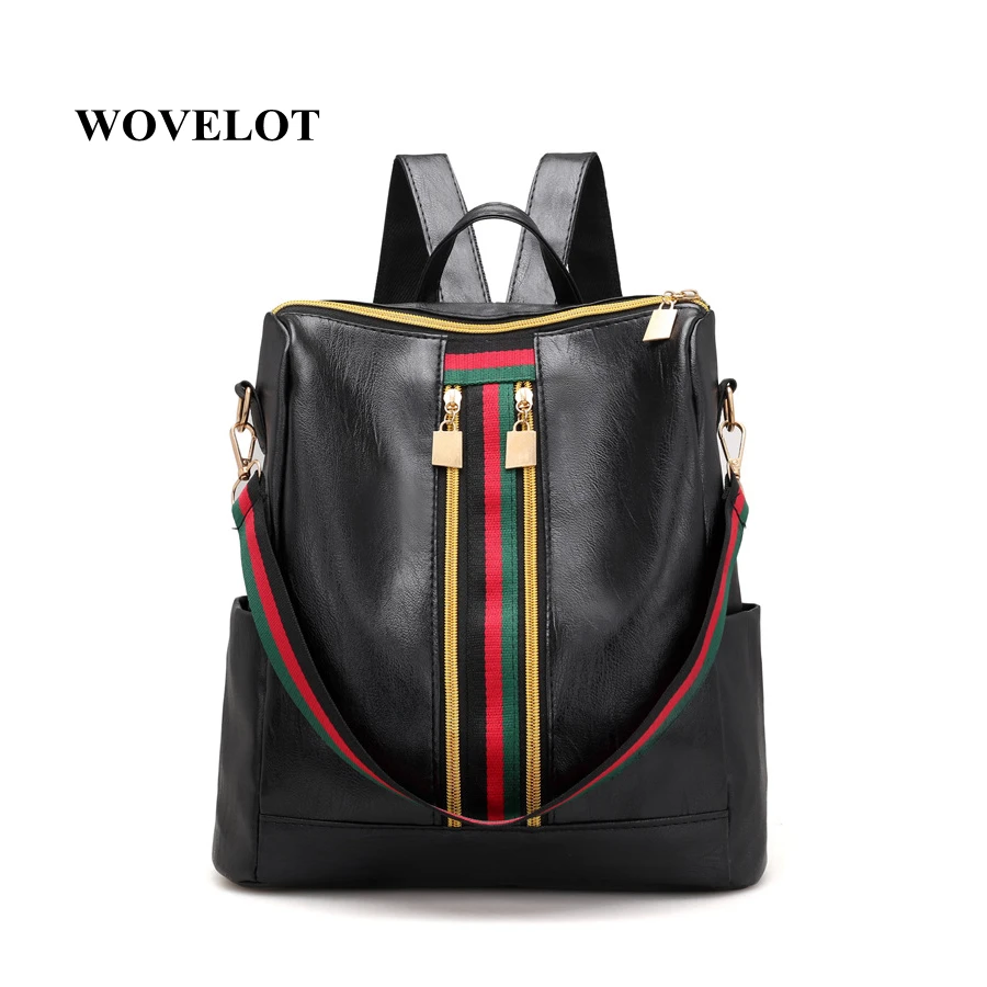 

Leisure Simple Zipper Women Travel Stripe Small Backpacks PU Leather Waterproof Totes Casual Travel Female Rucksack Backpack