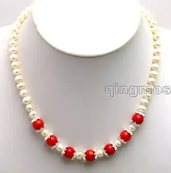 

SALE 6-7mm white natural round pearl with 9-10mm Red coral 17" Necklace-5867 whole sale and retail Free ship