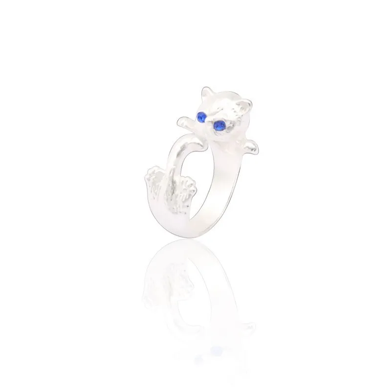Fashion-Animal-Rings-For-Women-Silver-Metal-Blue-Rhinestone-Eyes-Cat-Ring-Adjustable-Open-Anel-Jewelry