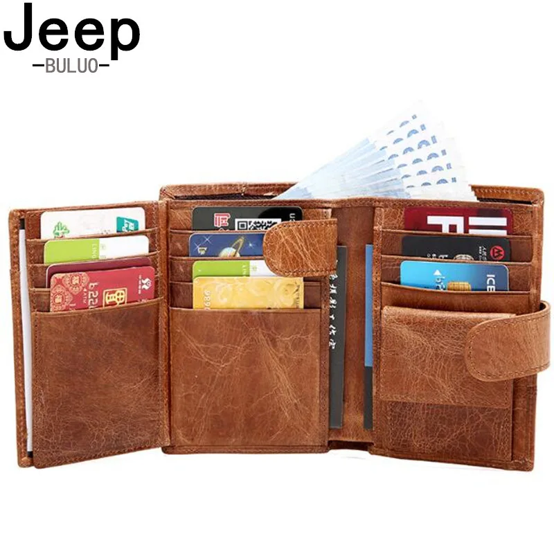 Мужской/женский кошелек jeep buluo коричневый складной из натуральной коровьей кожи