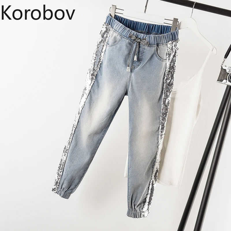 

Korobov Streetwear Plus Size Jeans Pants Sequin Patchwork Drawstring Lacing Harem Pants Trousers Pockets Joggers Pants 77911