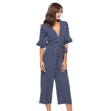 Tiered Flare Sleeve Surplice Wrap Polka Dot Jumpsuit V Neck Half Sleeve Sexy Jumpsuit Women Elegant Jumpsuit contrast tipping flutter sleeve wrap jumpsuit