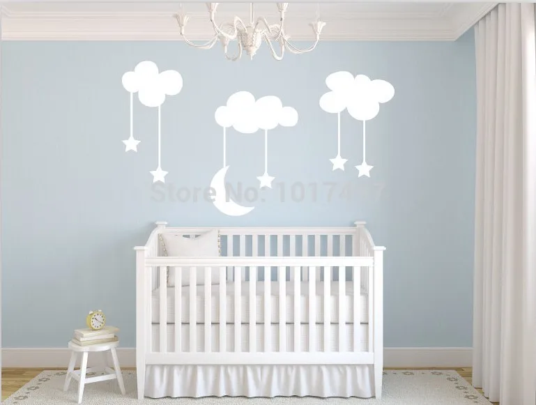 Moon With Stars Baby Nursery Vinyl Wall Stickers Sky Blue White Moon With Stars Baby Nursery Vinyl Wall Stickers Sky Blue White Clouds Kids Room Decoration Free Shipping