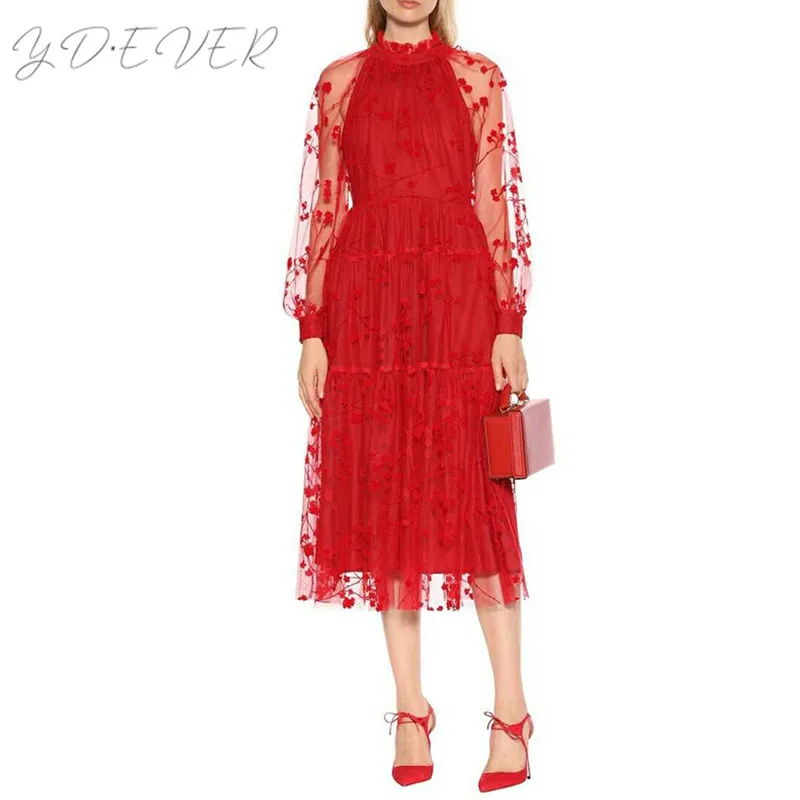 Одежда высшего качества красный цветочный вышивка платье из органзы vestido de festa 2019 летние пикантные перспективный длинный рукав Mid Вечерние