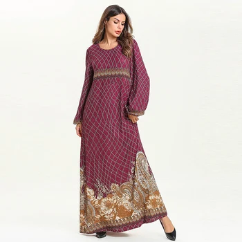

European and American Muslim fashion long-sleeved line plaid thin section dress Muslim robes loose round neck print ladies dress