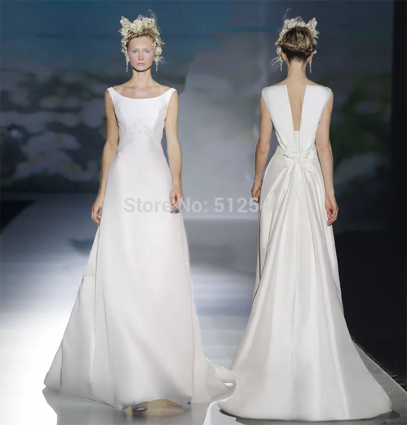 

Fashionable Scoop Neck A Line Wedding Dresses 2014 Beads Pearls Floor Length Satin Bridal Gowns yk8R982