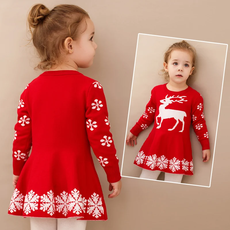 

2018 New Elk winter Girl Dress Christmas Sweater Dress Autumn Baby Girls Long Sleeve Winter Snowflake Pattern Children kid Dress