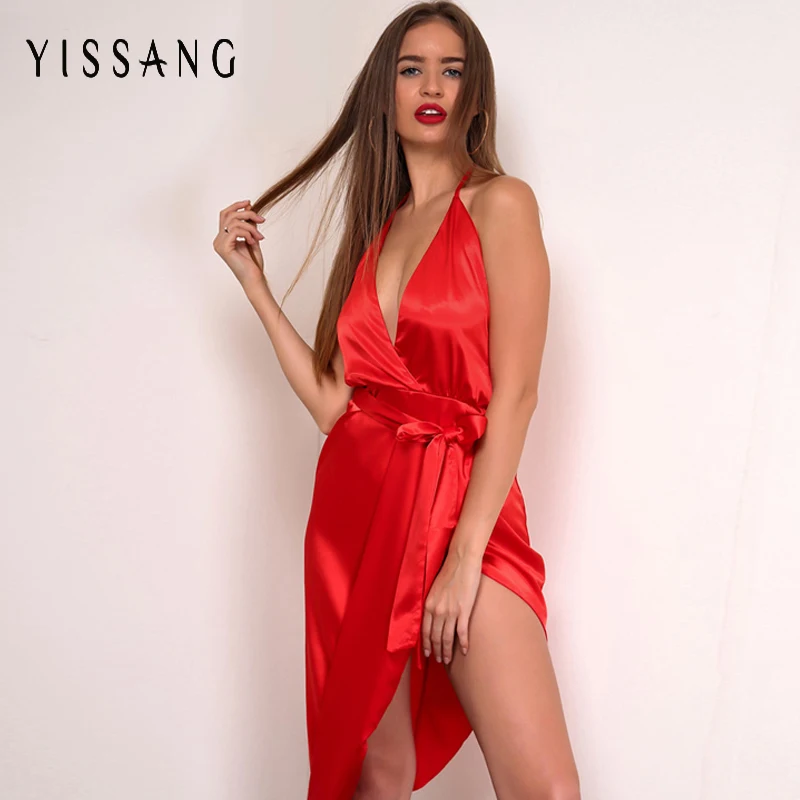 Yissang 3 Color Sexy Dress Deep V Neck Halter Backless Party Solid 