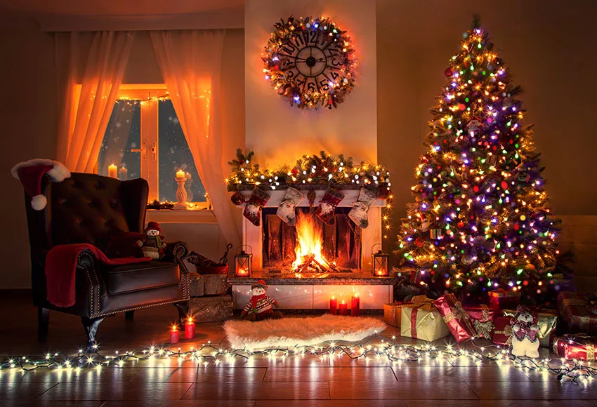 Decoración de fondo para fotografía de árbol de Navidad y chimenea