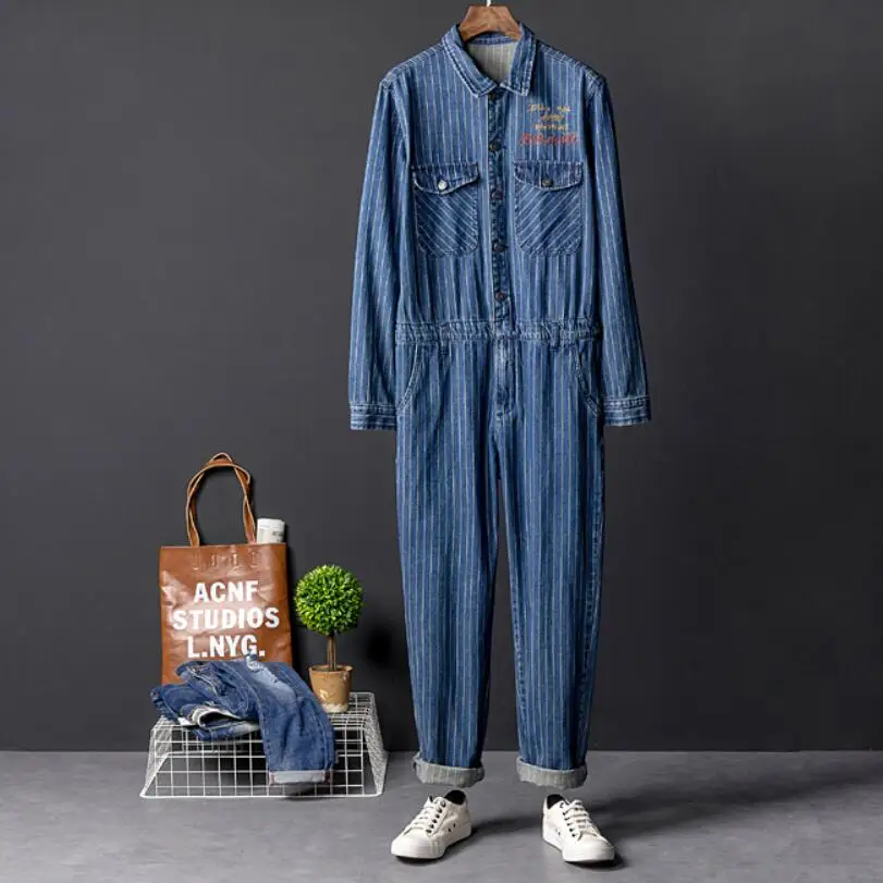 New Influx Male Tooling One Piece Sets Striped Jeans Jumpsuit Men's