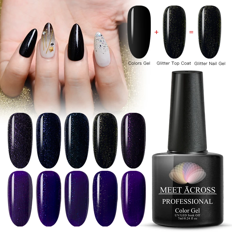 

MEET ACROSS Glitter Top Coat 7ml Gel Nail Polish Protect Nails UV LED Lamp Semi Vernish Permanent Nail Art Soak off Nail Gel