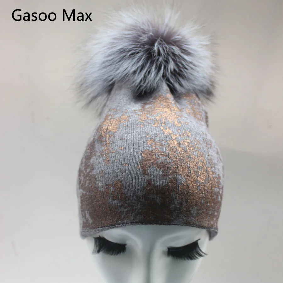 

Autumn winter beanies hat unisex knitted wool Skullies casual cap with real raccoon fox fur pompom solid colors ski gorros cap